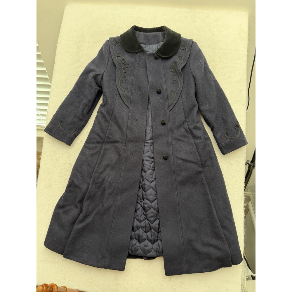 VTG Wool Long Coat Womens 10 Velvet Collar Navy Blue Black Embroidered USA 80s